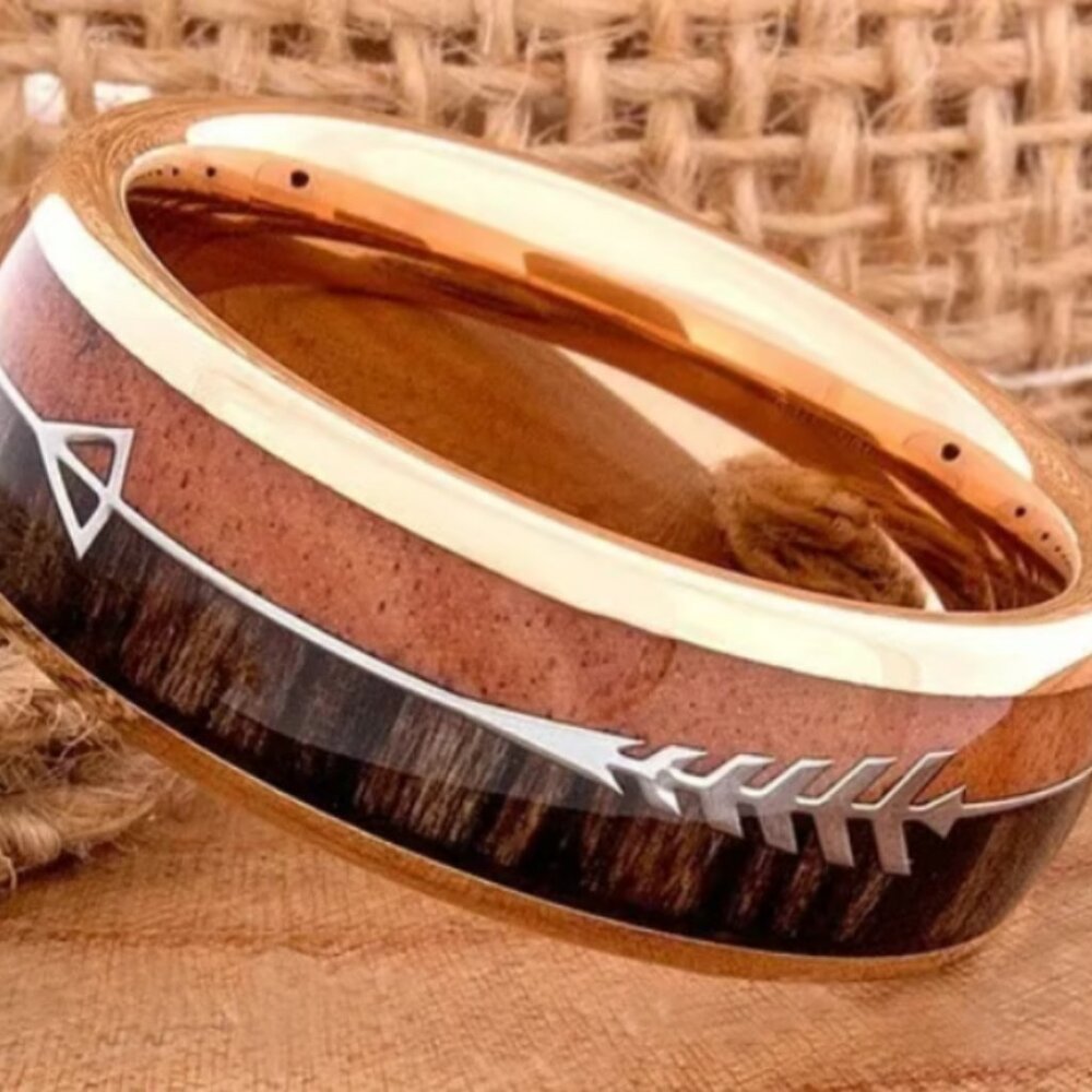 8MM Men's Band Rose Gold Tungsten Carbide Ring Koa Wood Inlaid Arrow Size 10